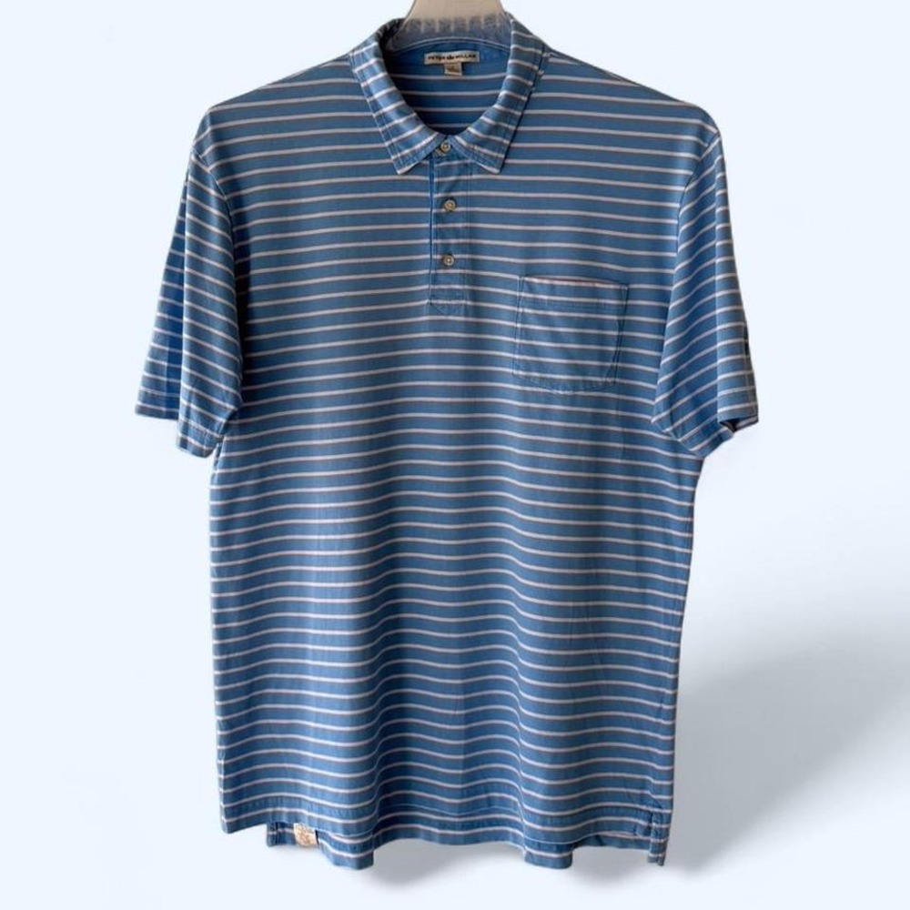 Peter‎ Millar Mens Blue Stripe Golf Polo Shirt Short Sleeve Pocket Casual